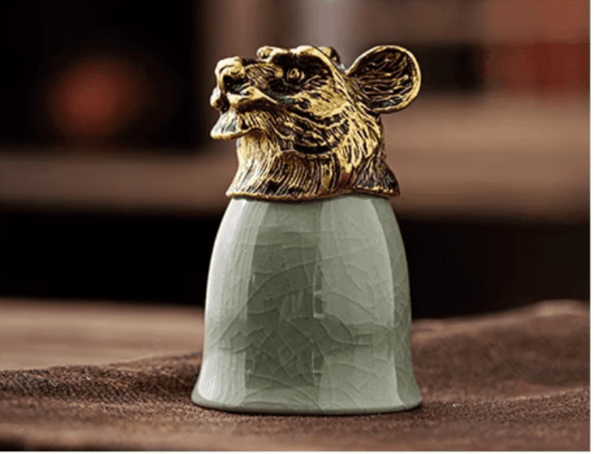 Tiger zodiac cup — celadon with bronze tiger topper
